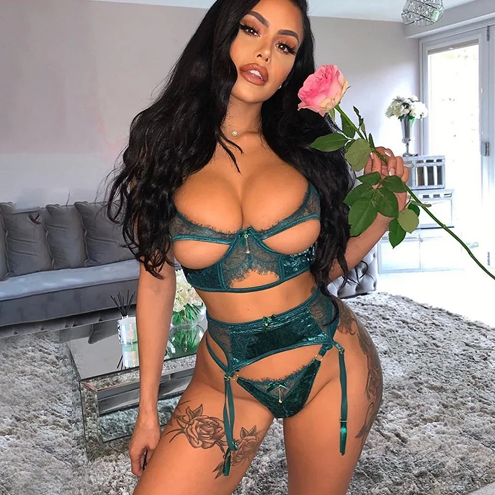 

Muyiweixue 3-piece Green Lingerie Set Women Hollow Out Patchwork Underwear Female Bra+garters+thong Exotic Lingerie
