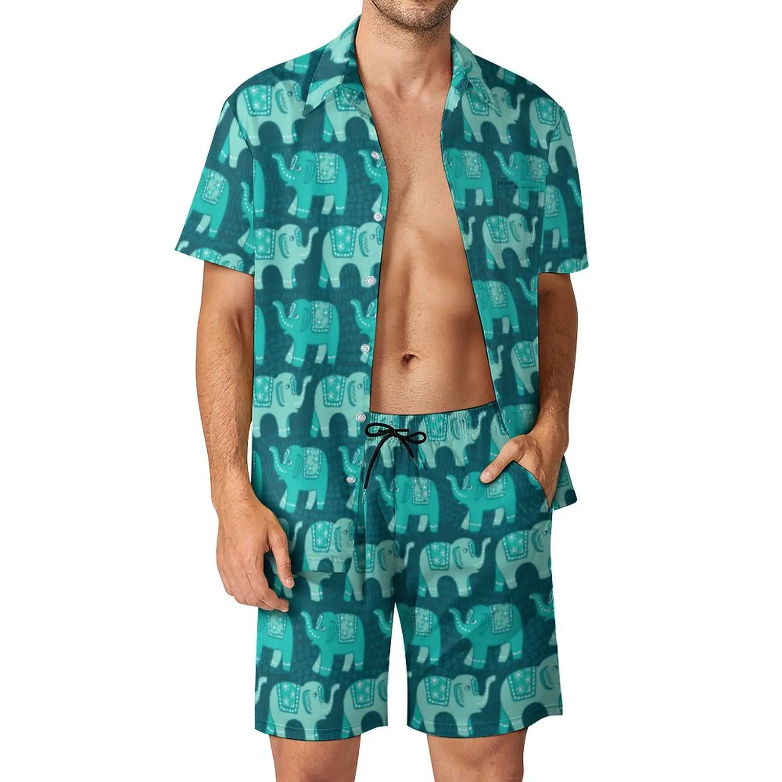 

Teal Floral Elephant Men Sets Paisley Animal Print Casual Shirt Set Hawaii Beach Shorts Summer Suit 2 Piece Plus Size