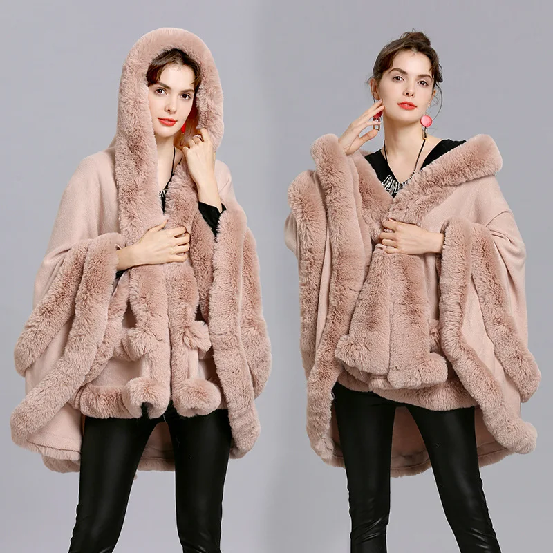 Fox fur collar fur hooded knitted cardigan shawl cloak coat