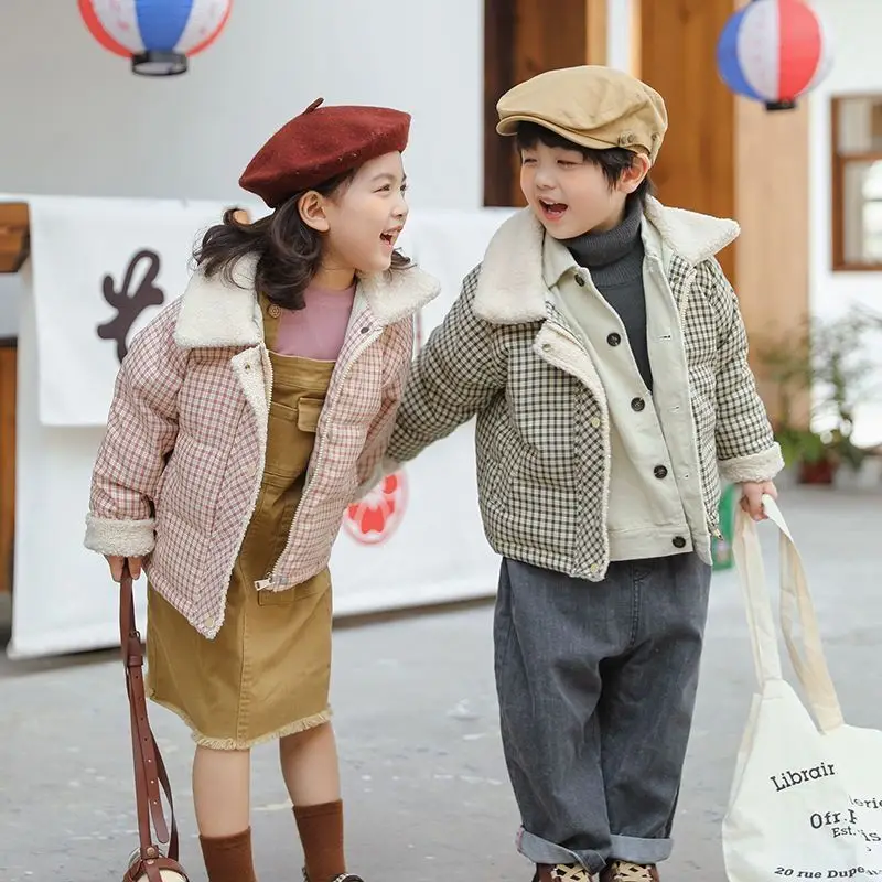 

Korean Autumn Winter Children Girl Down Jacket Plaid Lamb Fleece Hooded Little Boy Outerwear Coat 1-6 Years kids Girl Parka