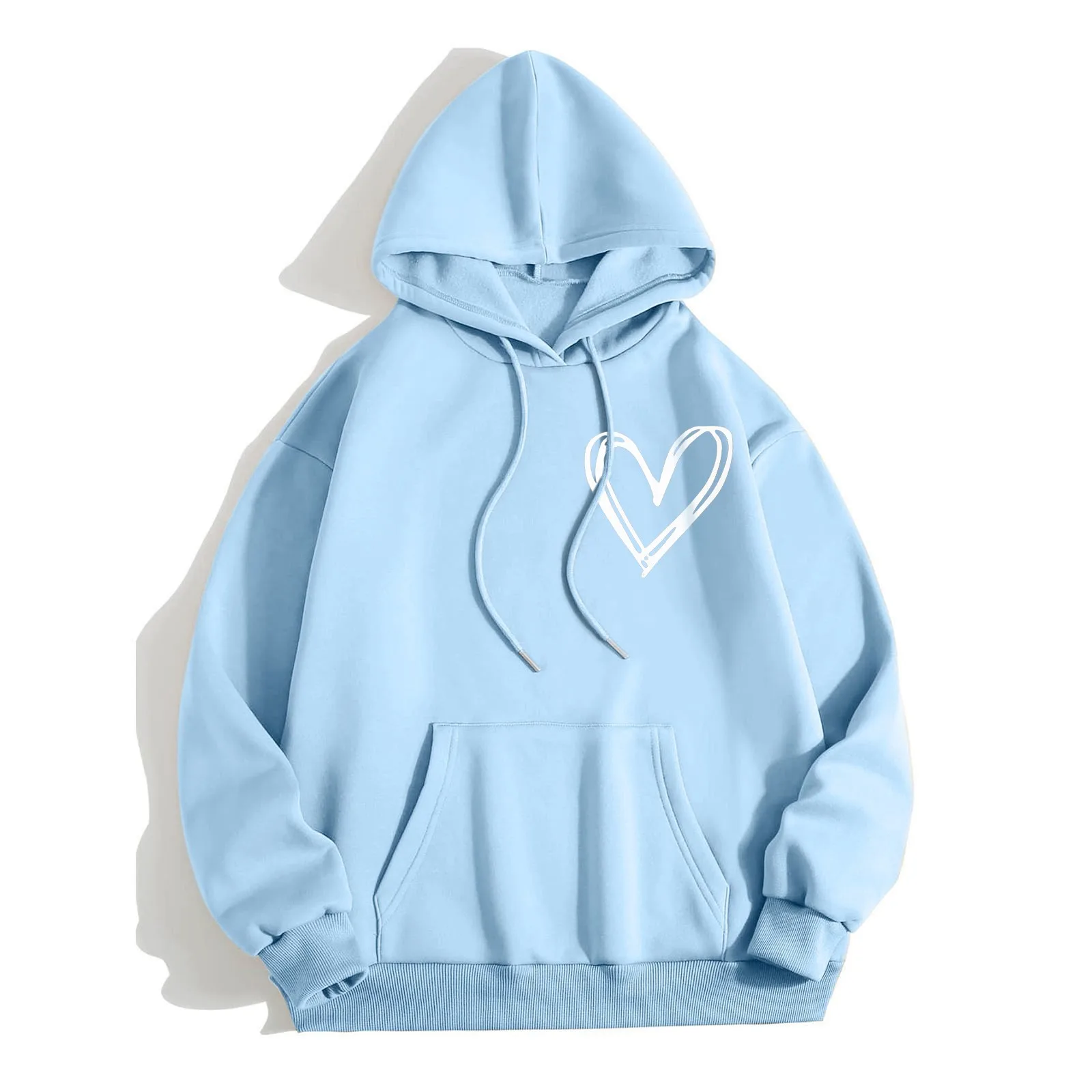 

Ladies Heart Print Hooded Long Sleeve Sweatshirt Womens Loose Tops Female Plain Hooded Pullover Solid Drawstring Pocket Hoodies