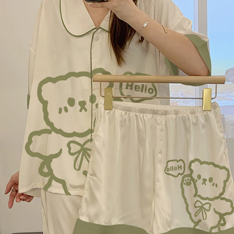 New Women's Pajamas Three-piece Set Spring and Summer Style Ice Silk Thin Style Short Sleeve Cute Home Clothes Free Shipping