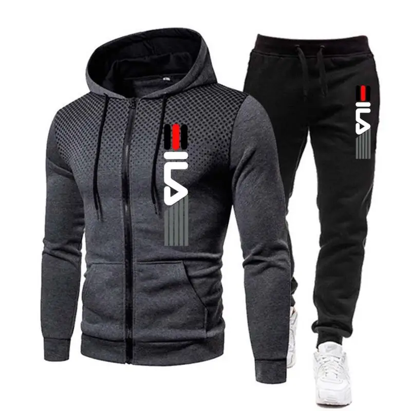 Fashion Print Tracksuit for Men Zipper Hooded Sweatshirt and Sweatpants Two Pieces Suits Male Casual Fitness Jogging Sports Sets
