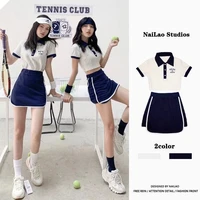 ins tennis sports wind casual suit womens short striped american baseball top hips yoga skirt