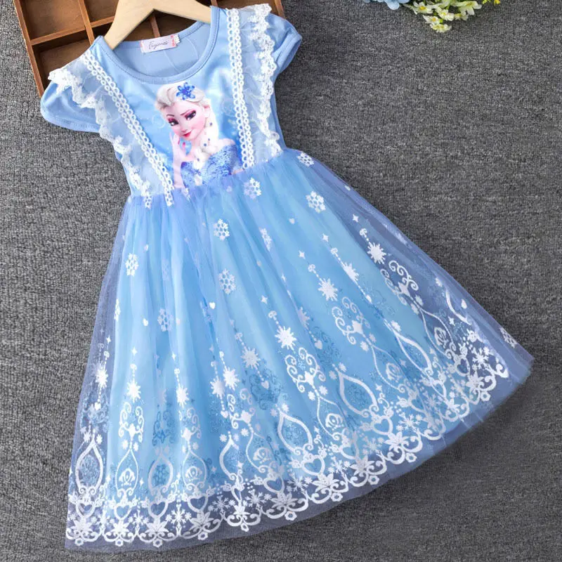 

Disney Girls Frozen Princess Dress Round Neck Cotton Lace Decorated Children's Short-Sleeved Dresses Birthday Party Girls Skirt