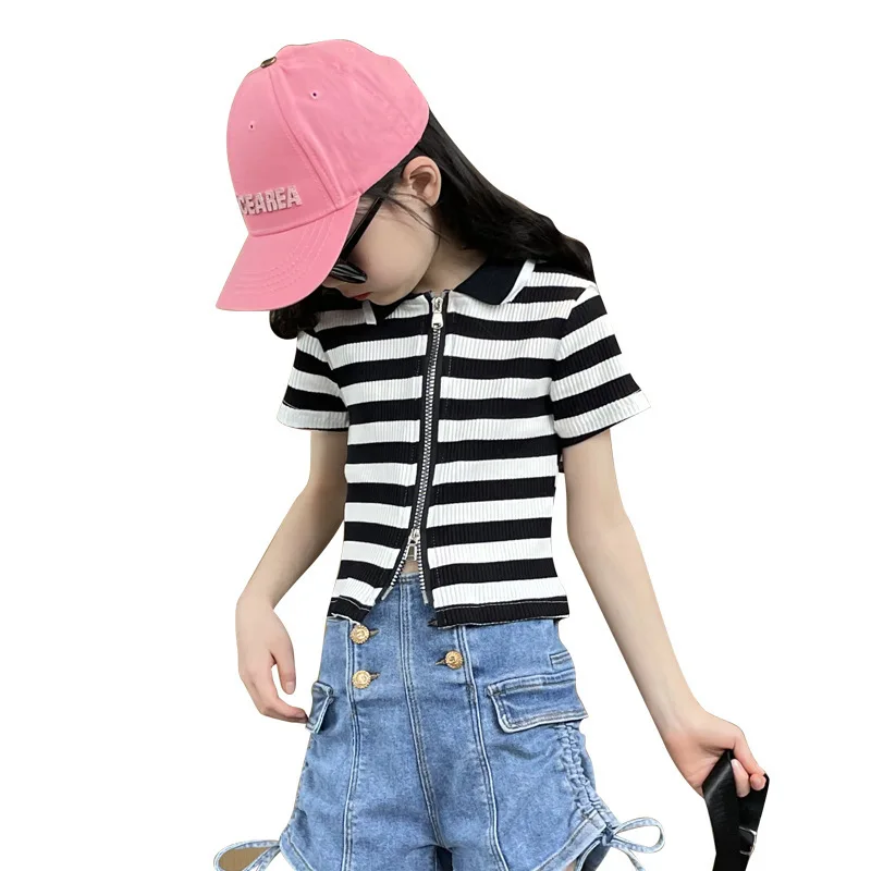 

Girls Clothes Striped Zipper T-Shirts Kids New Fashion Summer Clothes Kids Girls Short Sleeve Slim Tops Baby Brand Clothing