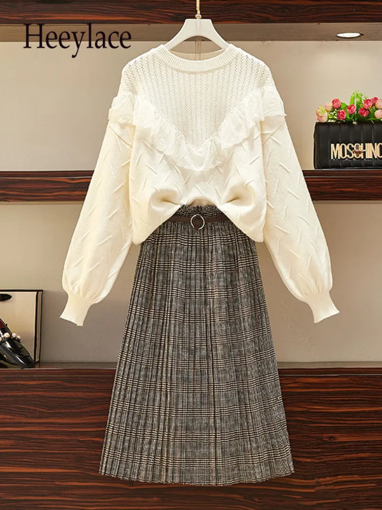 

Fall Winter Warm Knit Sets Office Ladies Elegant Patchwork Knitted Sweater And Tweed Plaid Skirts Sets French Vintage Outfits