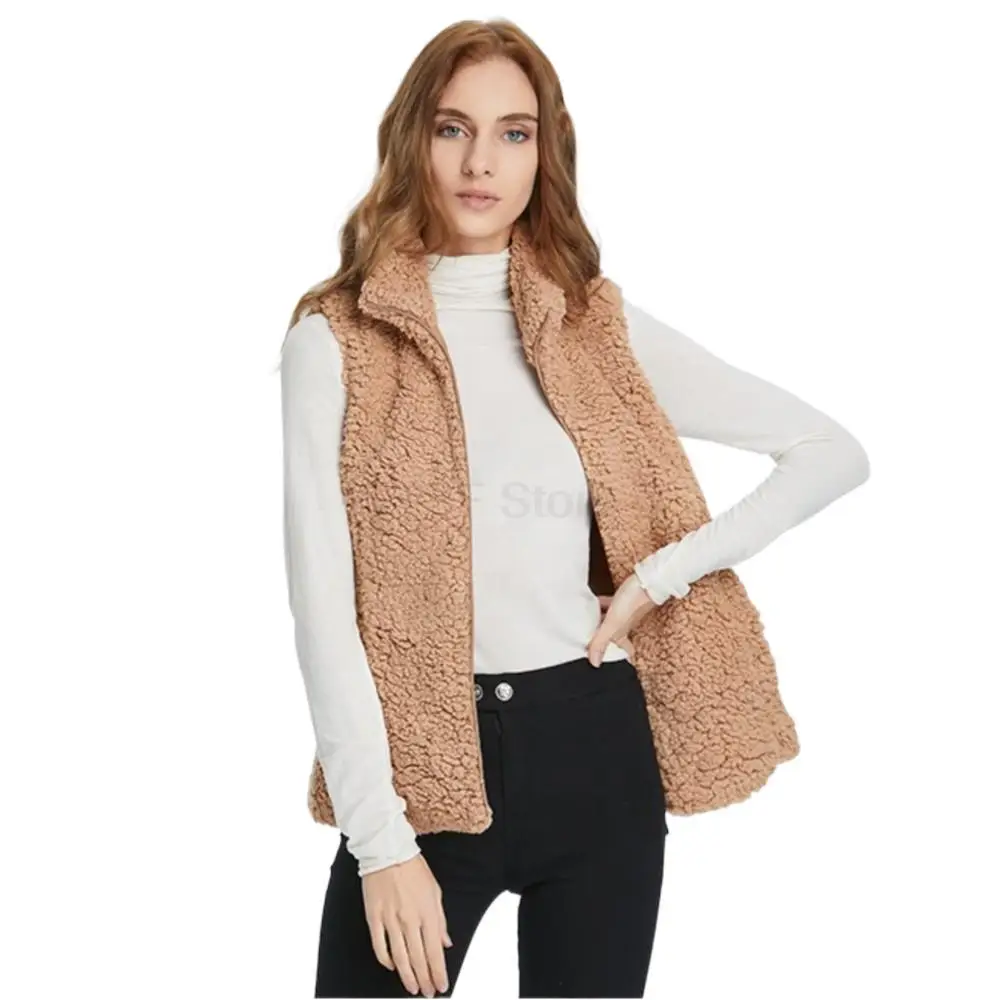 Winter Thermal Teddy Real Fur Women Vest Leisure Sleeveless Zipper With Pockets Fur Vests Pure Color simpleWomen Winter Coat