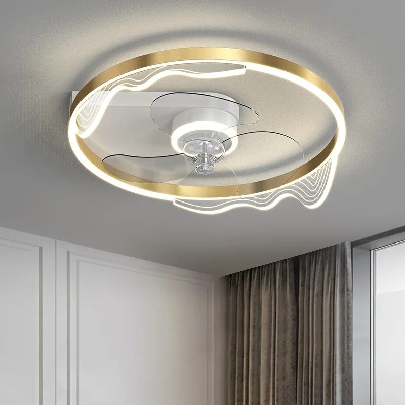 

Modern Minimalist Gold Plating Brushed Round Ceiling Fan Lamp LED Three-tone Light Bedroom Transparent Acrylic Control Fixture