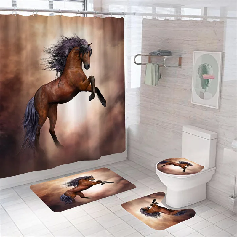 

Horse Bath Curtain 3D Print Bath Mat Set Waterproof Wild Western Animals Shower Curtain Polyester Toilet Rug Carpet Home Decor