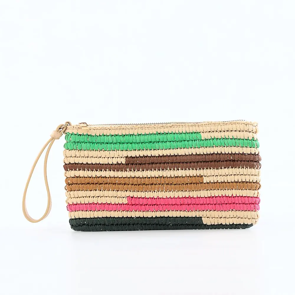 2023 NEW Women’s Women’s Striped Straw Beach Pouch Wristlet Wallet Multi-Color Block Stripe fast shipping