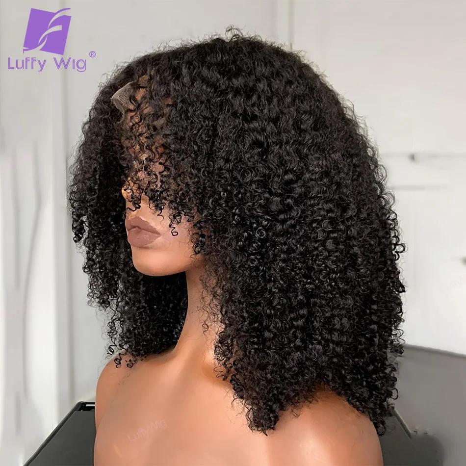 Afro Kinky Curly Human Hair Wig With Bangs Full Machine Made For Women Brazilian Remy Fringe Wig O Fake Scalp Top Cheap Luffy