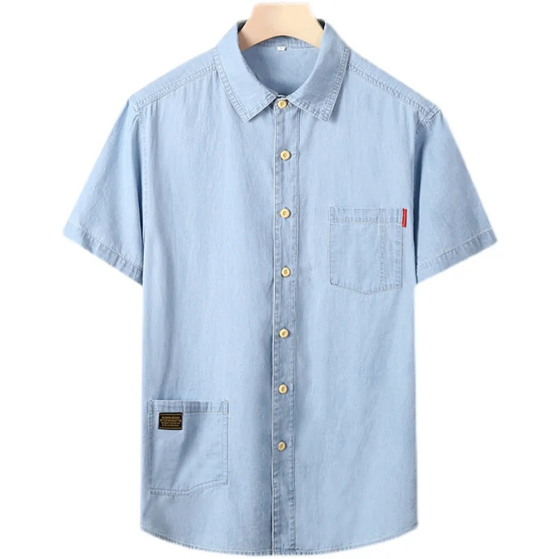 New Summer Men's Blue Denim Shirts Short Sleeve Jean Shirts High Quality Men Cotton Light Blue Denim Shirts Plus size XL-8XL