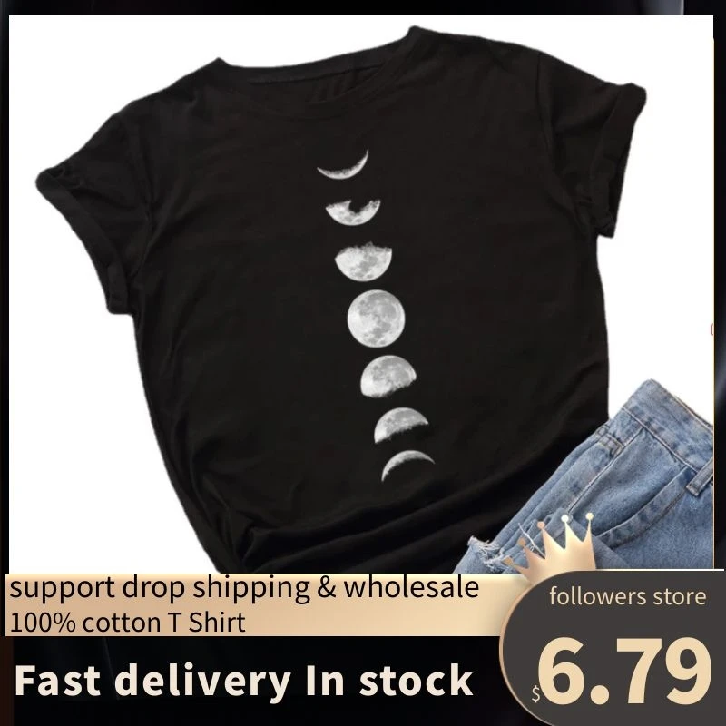 

Summer Women's Casual 100% Cotton Tee Moon Print O Neck Short Sleeve Shirt Women's Basic Black GraphicTee Top Ropa Mujer