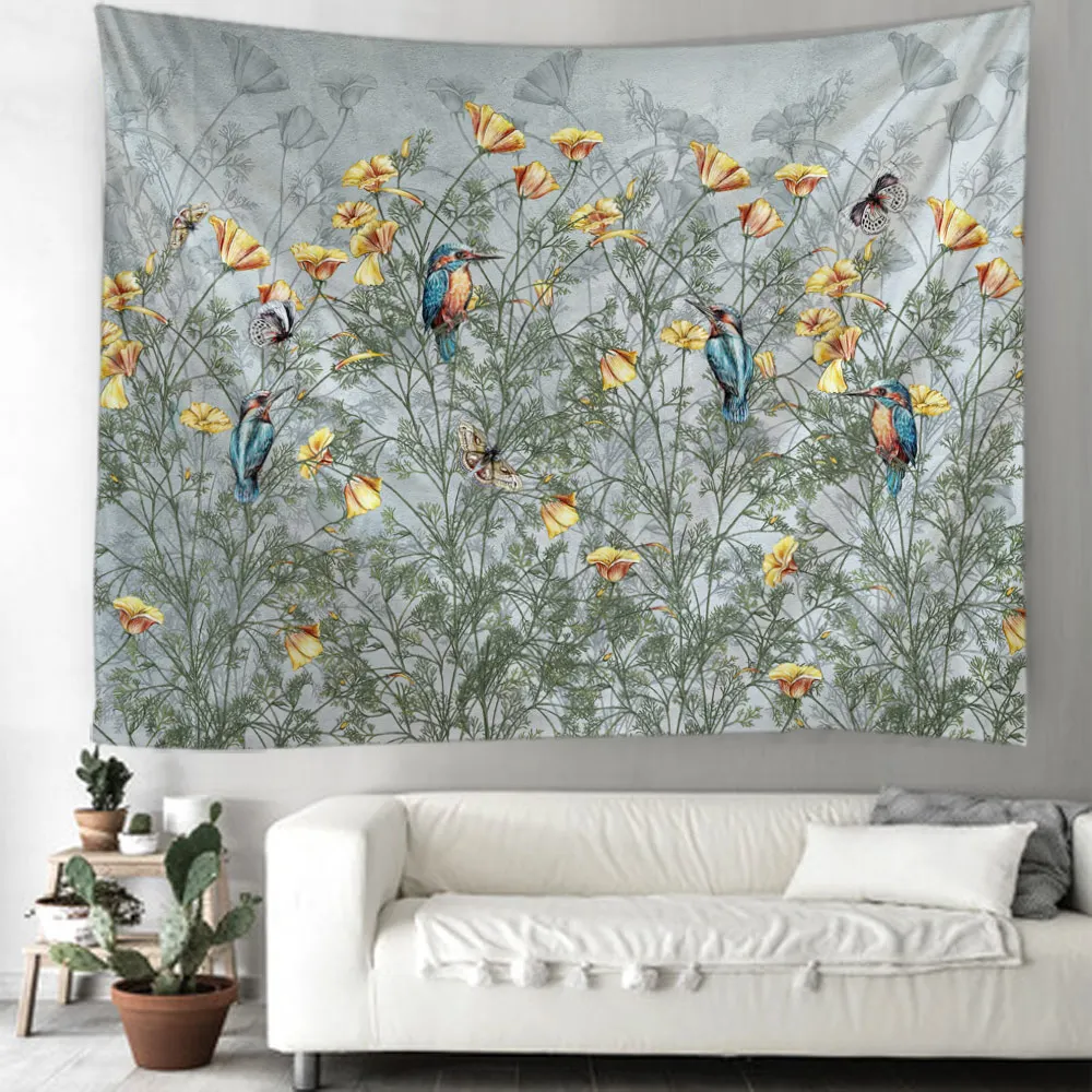 

Fresh Green Plant Hand Painting Tapestry Flower And Bird Painting Style Tapestry Home Wall Bedroom Decoration Print Wall Hanging