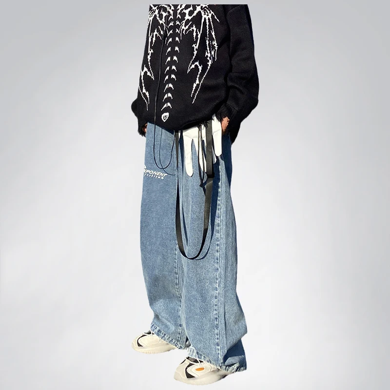 Brand Men's High Street Stitching Straight Leg Jeans Men's Trend Straight Leg Loose Wide Leg Pants Fashion Street Men's Clothing