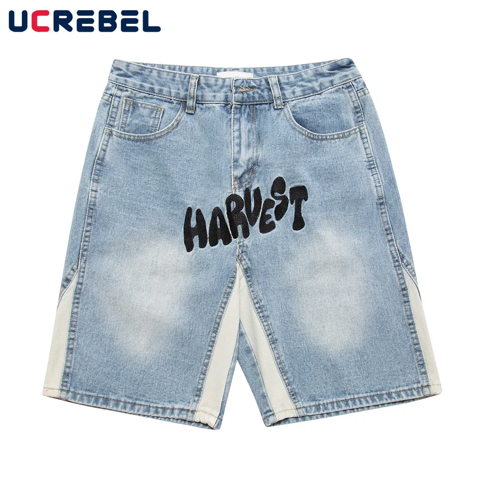 

Paneled Denim Shorts Mens Summer Streetwear Letter Embroidery Short Jeans High Street Loose Shorts Knee-length Shorts Men