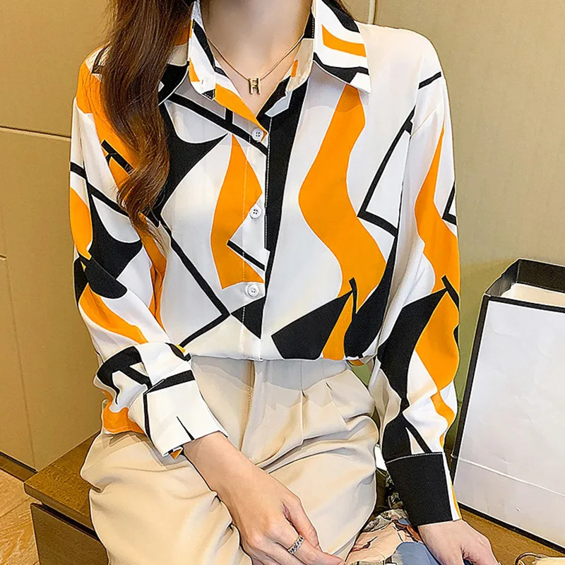 

Женская блузка с длинным рукавом, рубашка в офисном стиле с отложным воротником и геометрическим принтом, весна-осень 2023