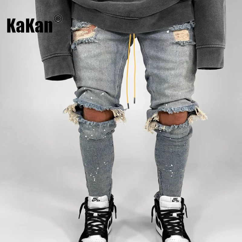 Kakan - European and American New Tight Feet Painted Perforated Jeans for Men, Light Blue Black Wash Jeans K40-1973
