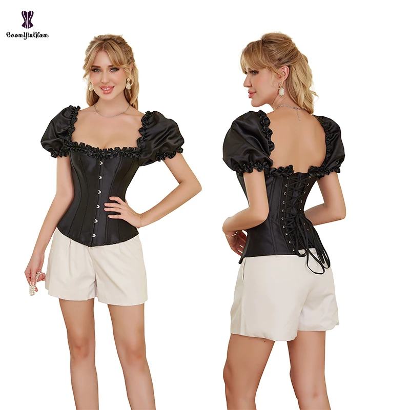 Solid Black Satin Corselet 12 Plastic Boned Lace Up Corset Top With Short Sleeve Plus Size S-6XL Burlesque Gothic Korset Women