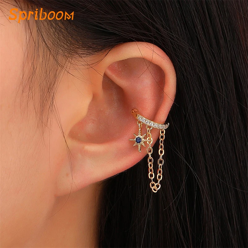 

Exquisite 8-Pointed Star Ear Cuffs for Women Shiny Rhinestone Clip On The Earrings Fake Piercing Earcuff with Chain Jewelry Gift
