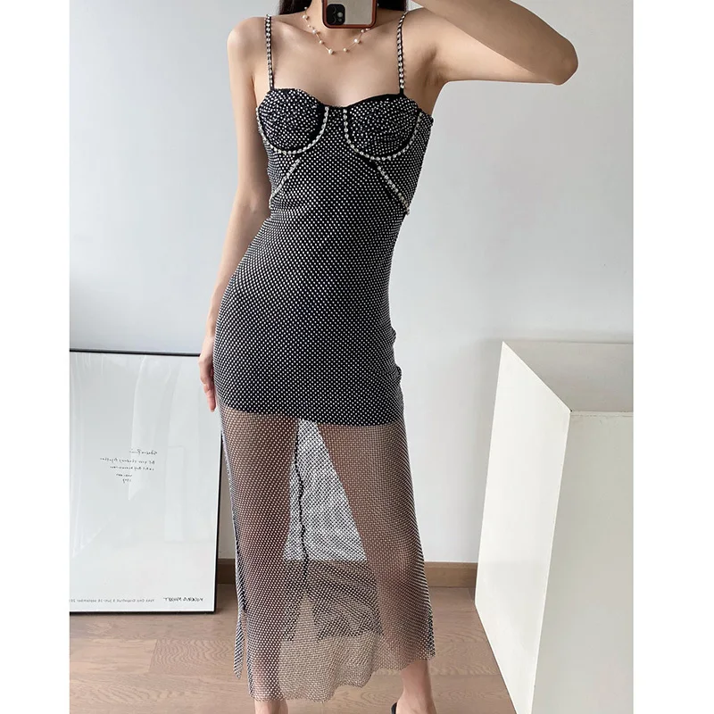 

23SS Runway Sexy Sling Long Dress Women Fashion High End Elegant Sleeveless Hot Drilling Nail Drilling See Through Party Dresses