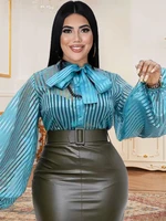 women blue purple blouses striped see through long lantern sleeve thin transparent tops shirts large size female fashion 2022