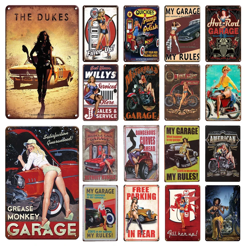 

Metal Tin Signs Sexy Pin up Girl Poster Car Motorcycle Vintage Plaque Retro Metal Plate for Man Cave Garage Workshop Wall Decor