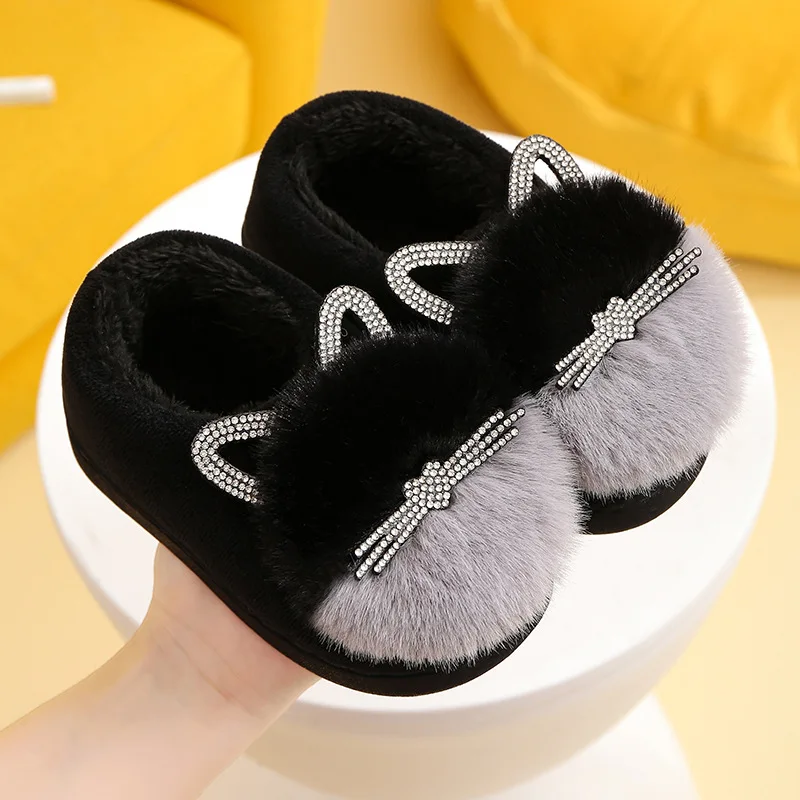

Winter Children's Girl Boy Rhinestone Cat Plush Warm Non-Slip Slippers Cute Cartoon Home Comfortable Slippers Soft Kids Slipper