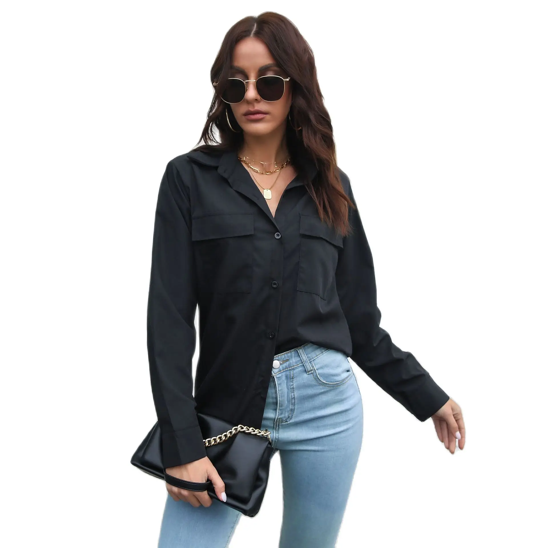 

Блузка женская демисезонная с длинным рукавом, на пуговицах