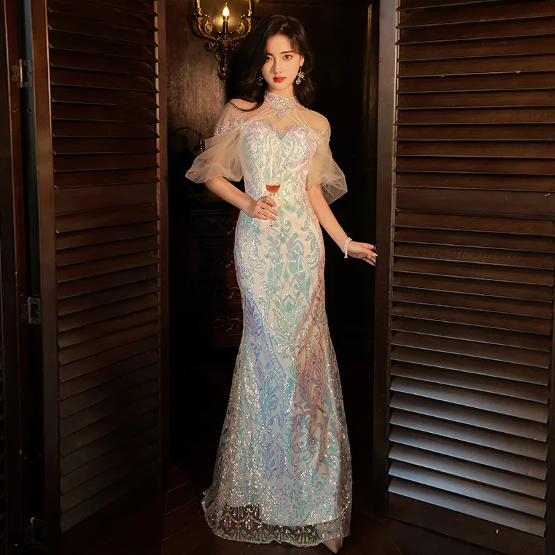 Sexy Mesh Puff Sleeve Sequins Embroidery Mermaid Gowns Oriental Party Banquet Female Stage Show Dresses Cheongsam