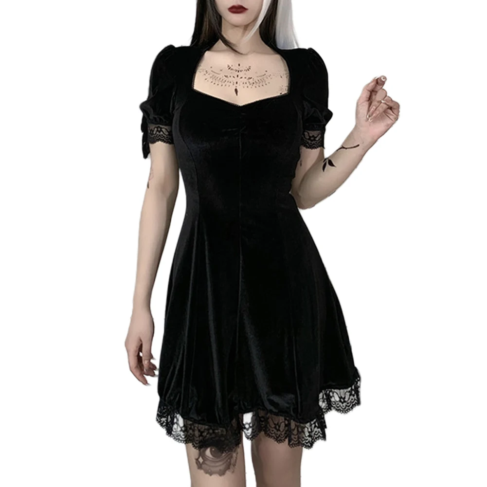 

Women Lace Dress Goth Sexy High Waist Short Sleeve A Line Suede Short Dress