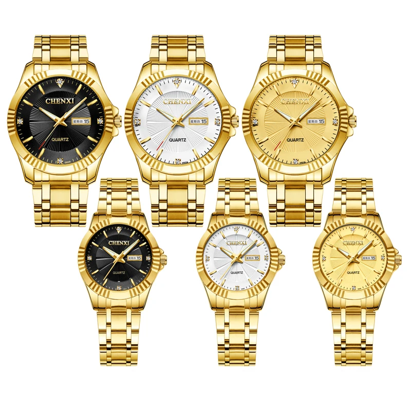 His Hers Watch Sets Gold Watches Men Stainless Steel Fashion Business Week Calendar Quartz Wristwatch Couple Watch Free Shipping