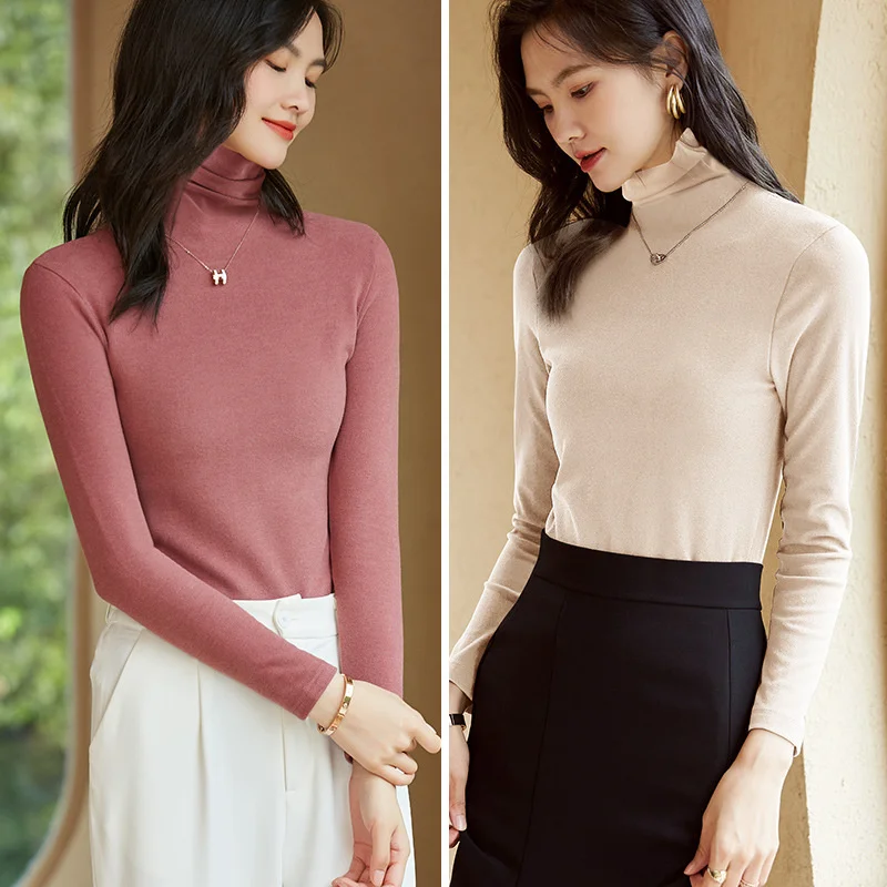 De Rong High Neck Undercoat for Women in Autumn and Winter, New Year's New Style, Hot, Fleece, Thickened, Warm Long Sleeve Top