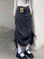 high waist personality drawstring bandaged design vintage pocket loose skirt streetwear harajuku diablo style mid calf skirt