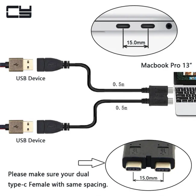 

Dual Cable CY OTG Data Cable for Mac Pro USB 3.1 Type-C to 3.0 A Female