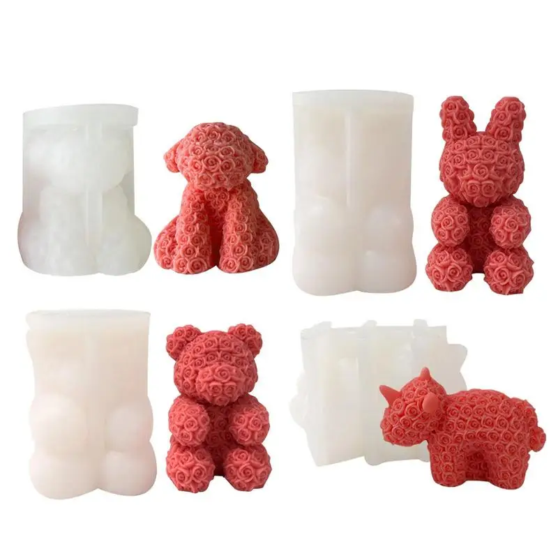 

3D Bear Shape Silicone Candle Mold Easy Demoulding Lovely Bear With Embossed Flowers Candle And Chocolate Making Mould For Decor