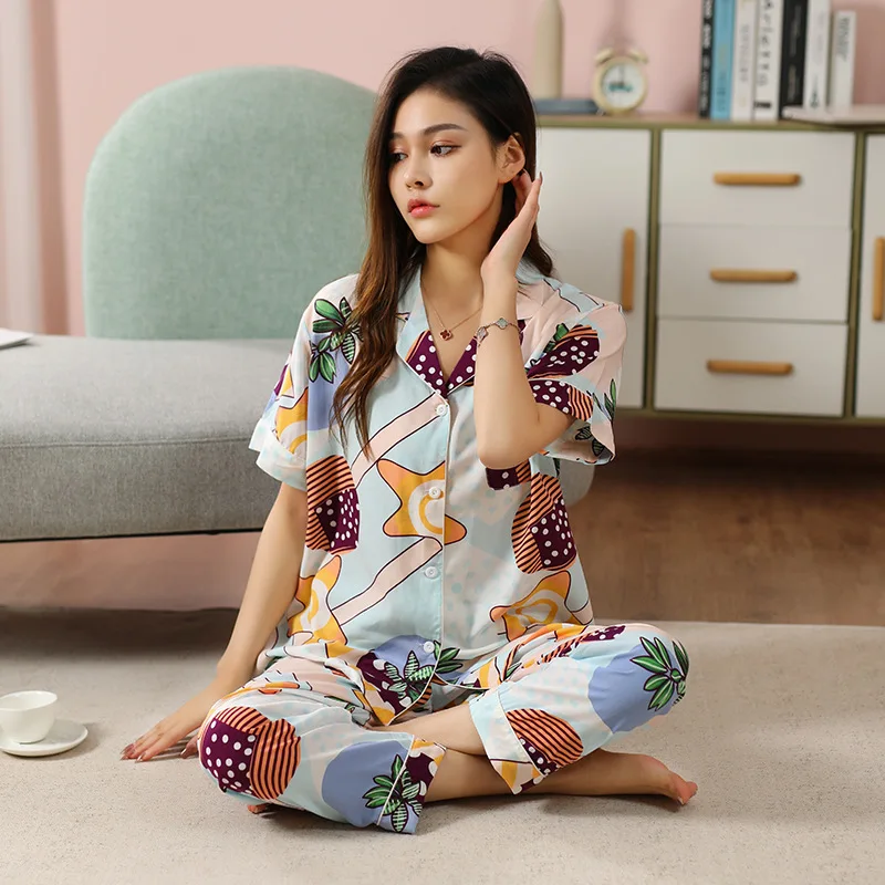 2023 New Pajamas Women Cotton Spring and Summer Plus Size Suit Thin Cartoon Printed Home Set Breathable and Leisure Sleepwear