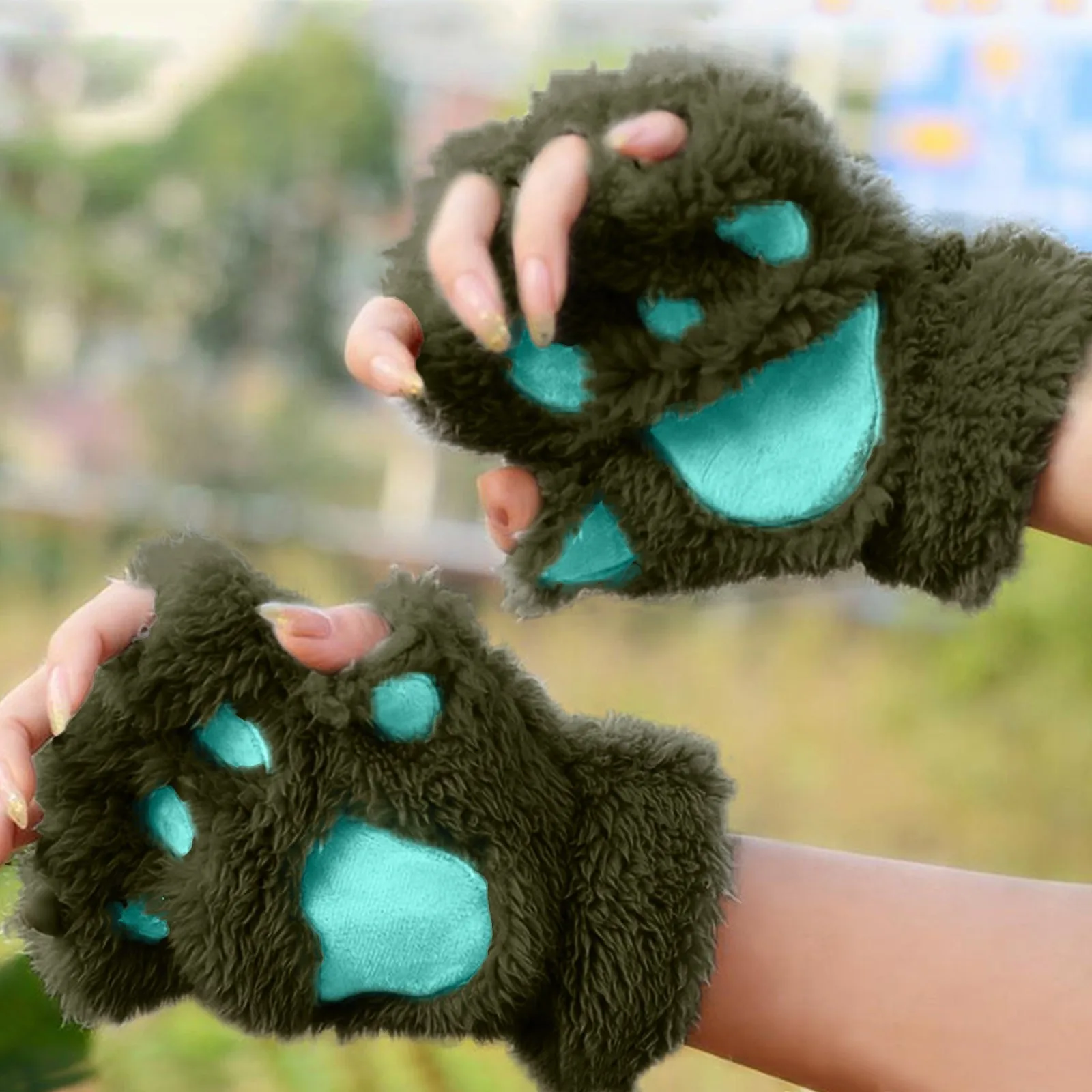 

Cute Cat Claw Gloves Women Girls Thickened Plush Mittens Lovely Bear Paw Exposed Fingers Half Finger Winter Warm Hand Warmer