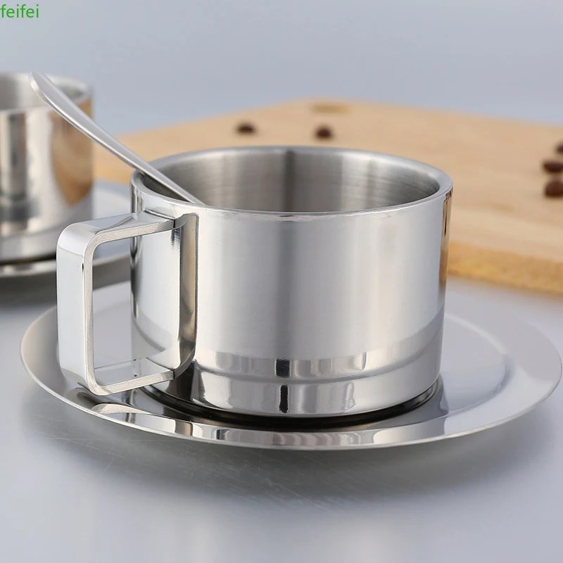 

Чайная кружка из нержавеющей стали, чашки с двойными стенками, изолированная чашка для кофе и чая с блюдцем, набор с ложкой для кофе, чая, мол...