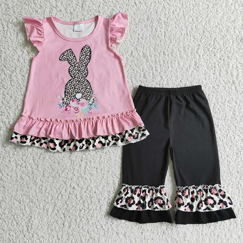 

Happy Easter Bunny Kid Spring Outfit Children Pink Leopard Short Sleeve Set Black Ruffle Capris Rabbit Baby Girl Toddler Clothes