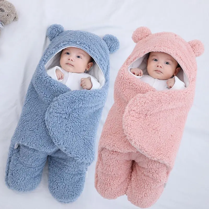 Newborn Plush Swaddle Blanket Super Soft Thickened  Baby Sleeping Bag Wrap Blanket Cute Bear Baby Cotton Clothes 0-6Moths