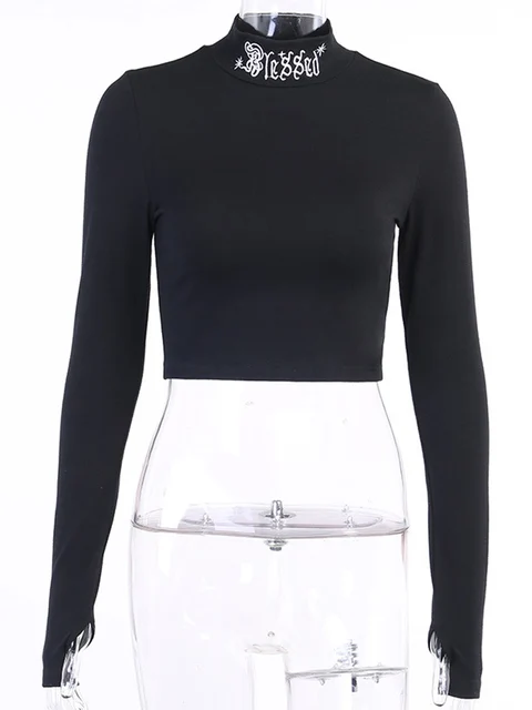 Women Black Bodycon Long Sleeve Crop Tops Gothic Harajuku Letter Embroidery Vintage Solid Tops Female Casual Basic Tops 5