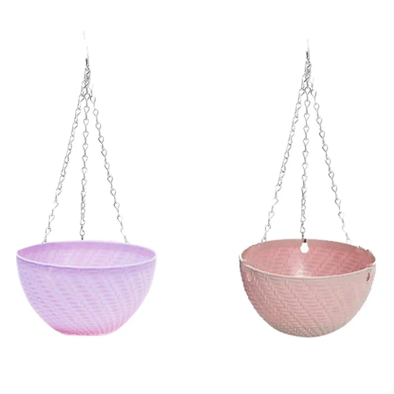

2X Round Plastic Hanging Basket Flower Pot 16X10cm Garden Plant Chain Planter Hanging Flower Pots (Purple&Pink)