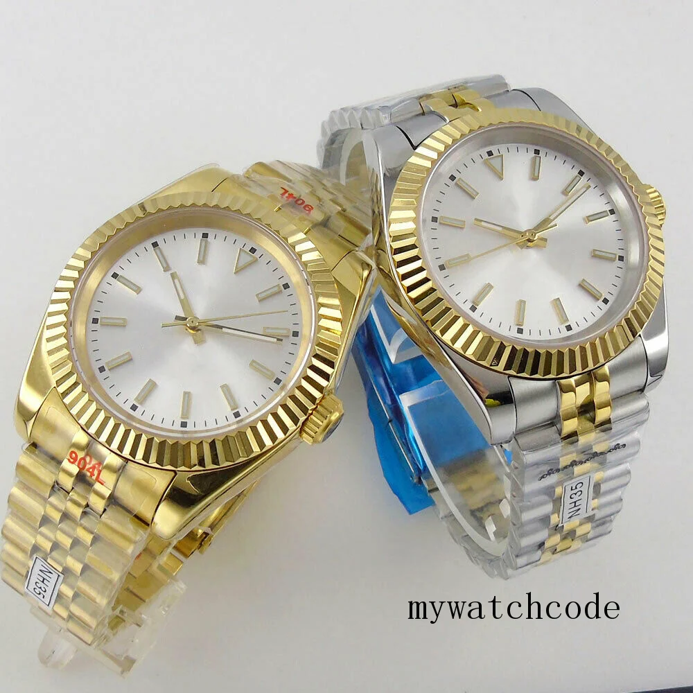 

36mm/39mm Gold Coated NH35A PT5000 MIYOTA8215 Automatic Men Watch White Sunburst Dial Sapphire Glass Fluted Bezel Jubilee Band