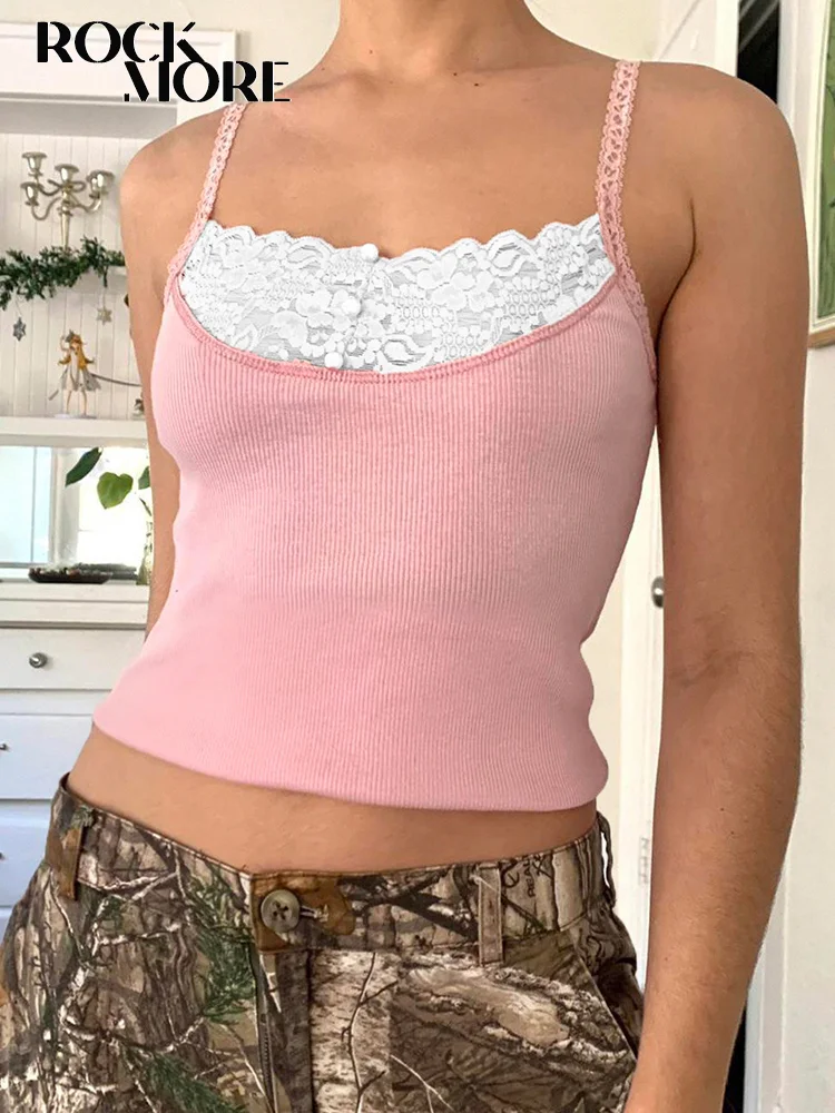 

Rockmore Lace Patchwork Camisole Women 2000s Aesthetic Pink Crop Top Summer Cotton Kawaii Cute E Girl Slim Backless Tee Shirts