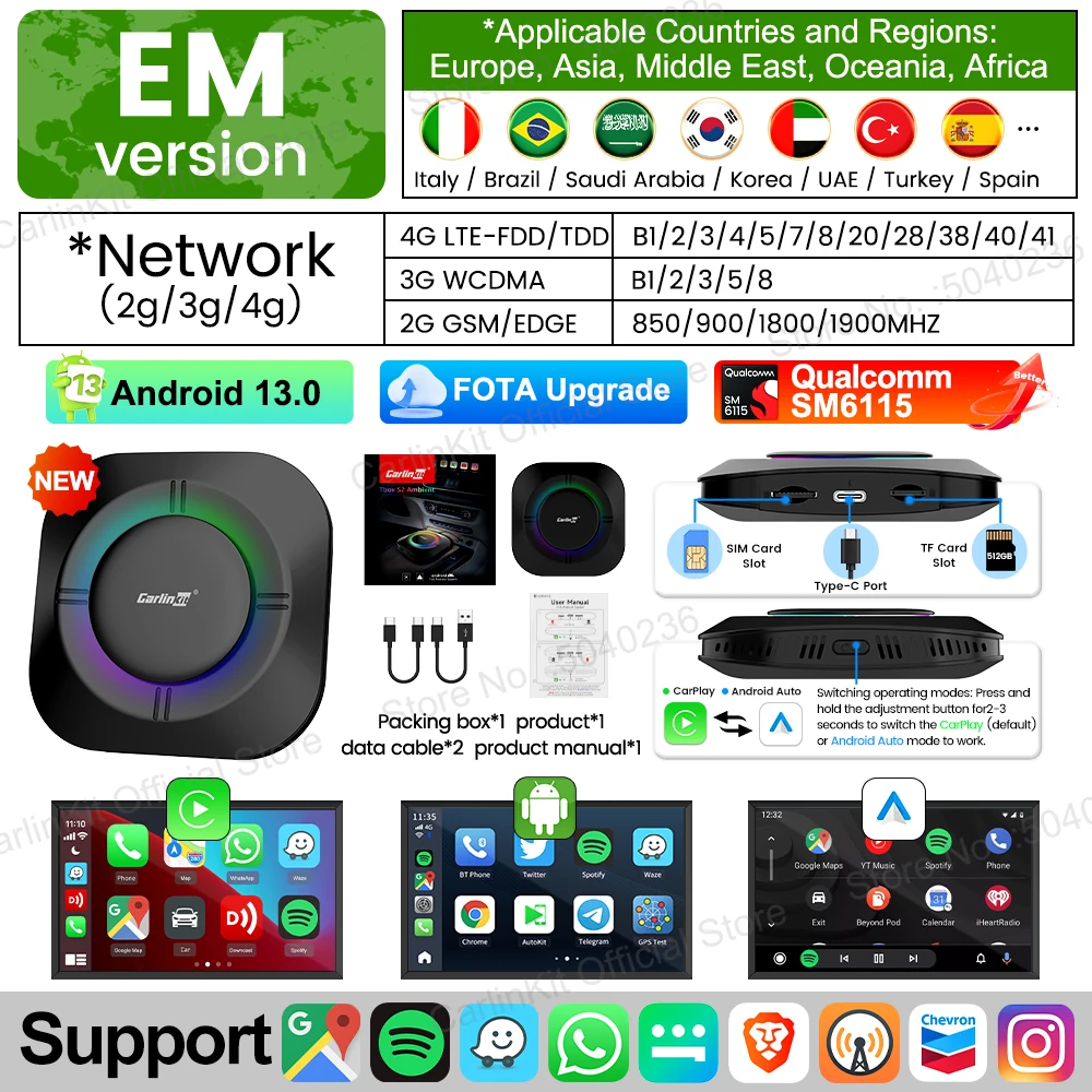 

2025 НОВЫЙ CarPlay AI Box LED Android 13 SM6115 8-ядерный процессор 5G WiFi BT GPS для Netflix YouTube IPTV Автомобильные интеллектуальные системы Беспроводная Android Auto CarPlay Smart TV Box