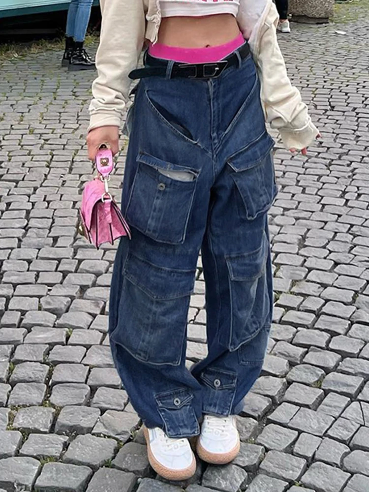 

WeiYao Blue Solid Multi-Pockets Cargo Jeans For Women 2022 Vintage 90s Denim Wide Leg Pants Low Waist Y2K Streetwear Bottoms