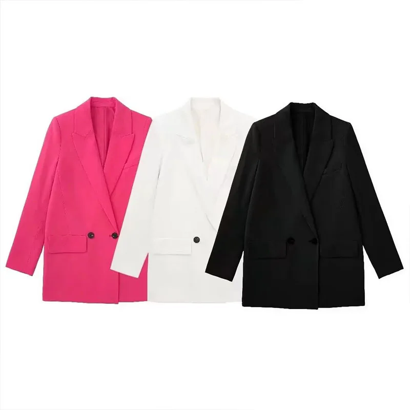 

ZATRHMBM 2022 Women Chic Office Double Breasted Blazer Vintage Long Sleeve Jacket Female Oversize Ladies Outerwear Stylish Tops