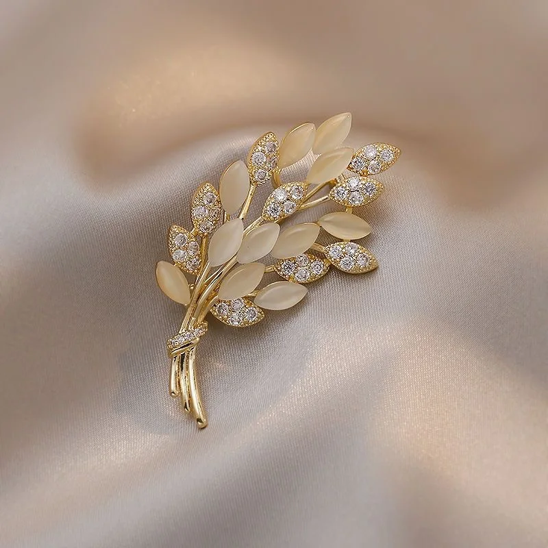 

South Korea's New Design Fashion Jewelry Exquisite Copper Inlaid Zircon Wheat Ear Opal Brooch Elegant Women's Anti-Glare Brooch
